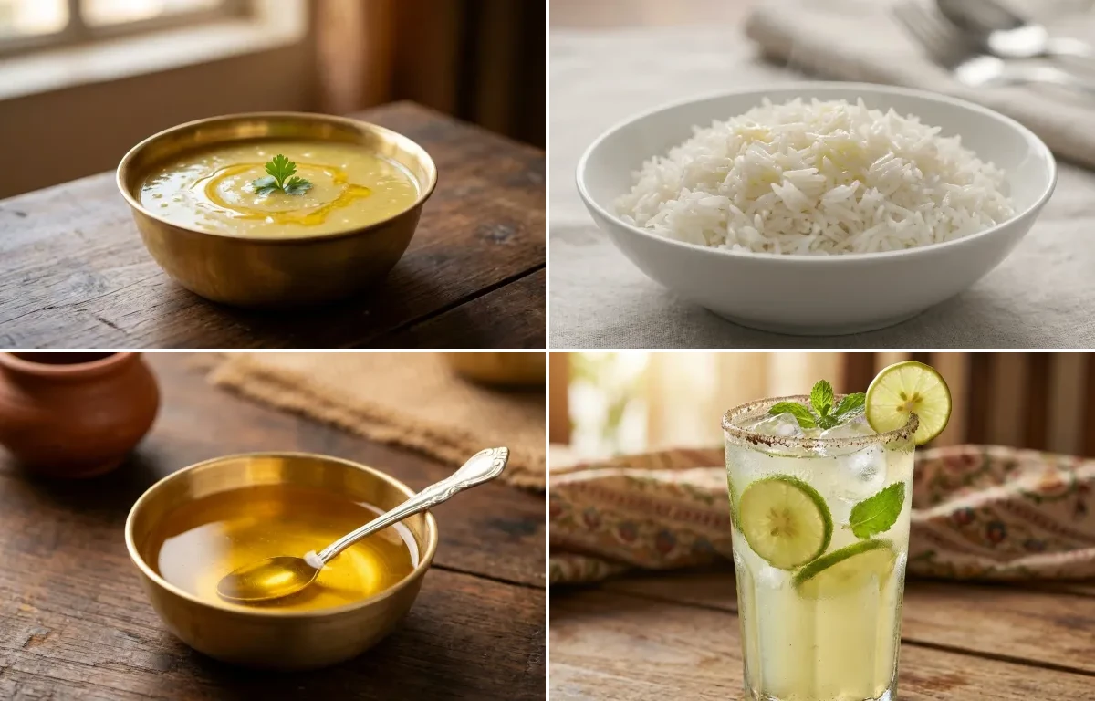 Varan with Steamed Basmati Rice, Ghee and Nimbu Pani