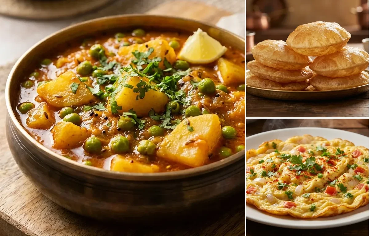 Vatana Bateta Shaak with Puri and Masala Omelette