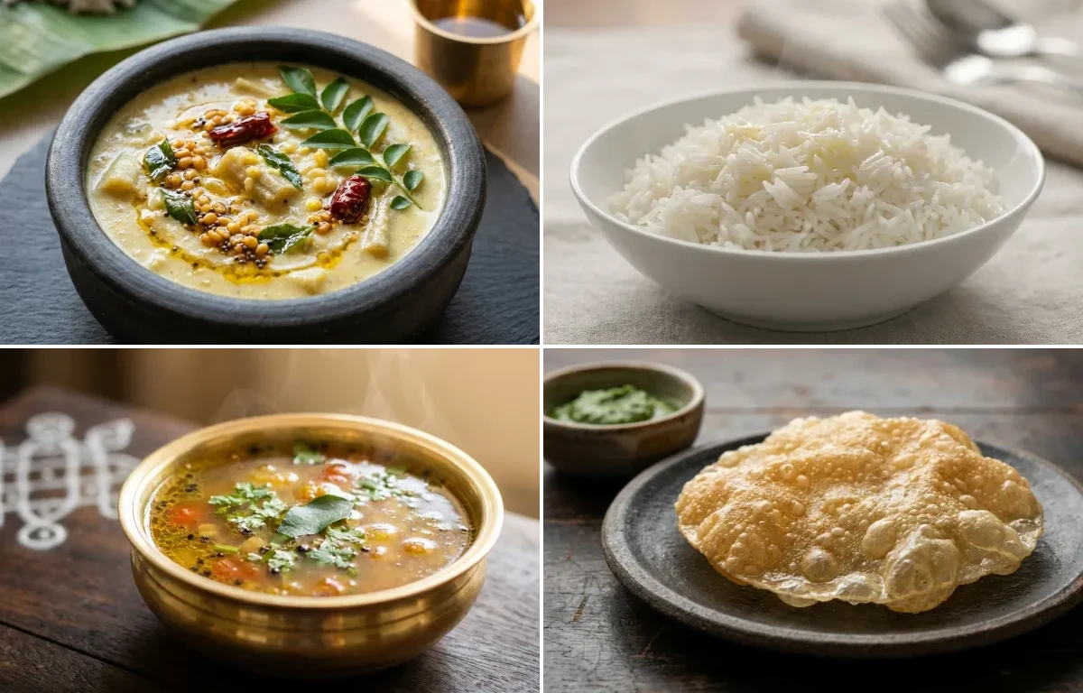 Vazhaithandu Kootu with Steamed Basmati Rice, Milagu Rasam and Appalam