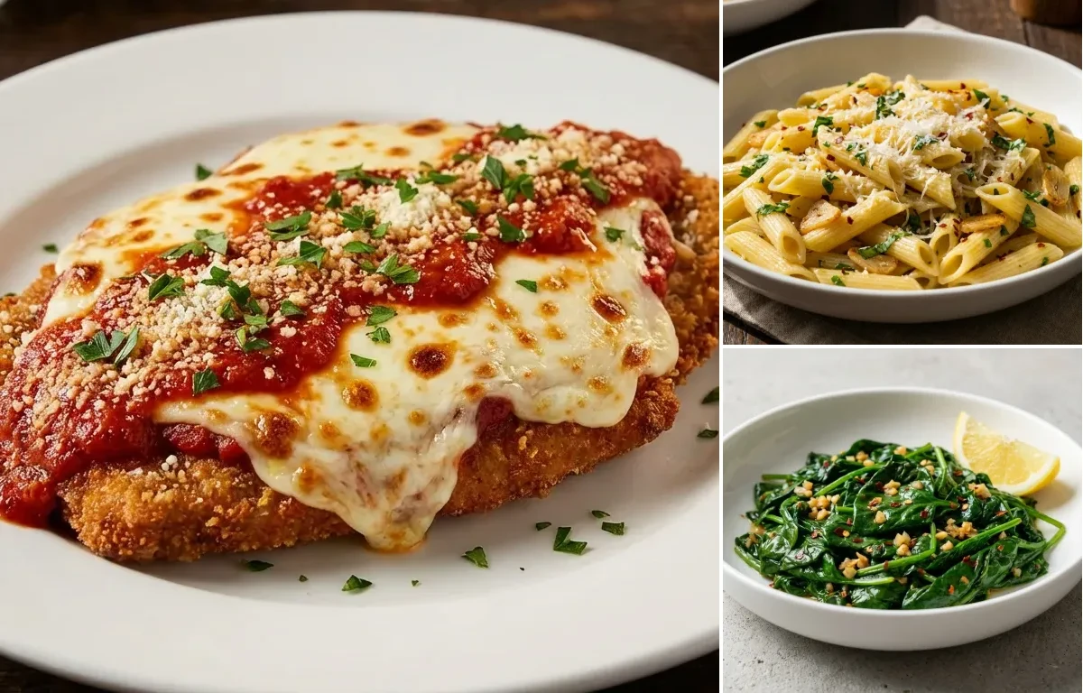 Veal Parmesan with Garlic and Herb Penne Pasta and Sauteed Spinach with Garlic