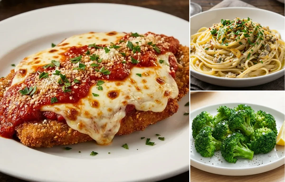 Veal Parmesan with Linguine with Clam Sauce and Steamed Broccoli
