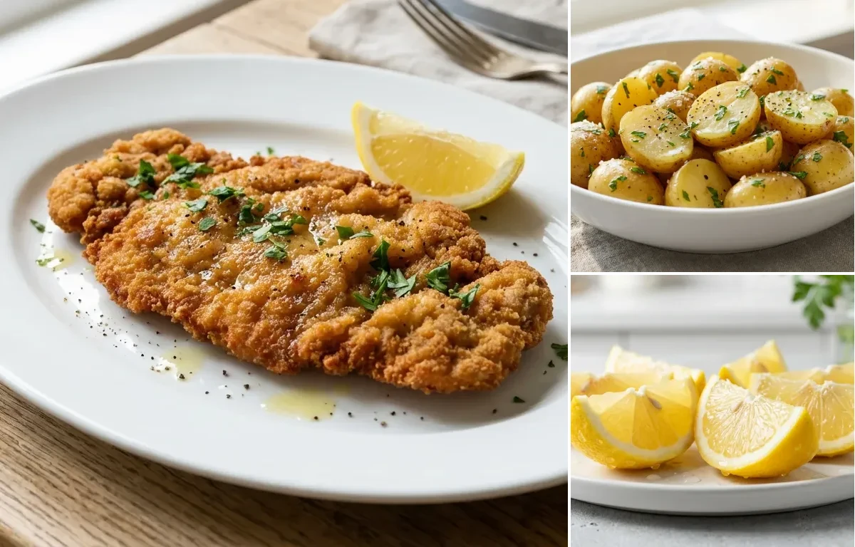 Veal Schnitzel with Buttered Parsley Potatoes and Lemon Wedges