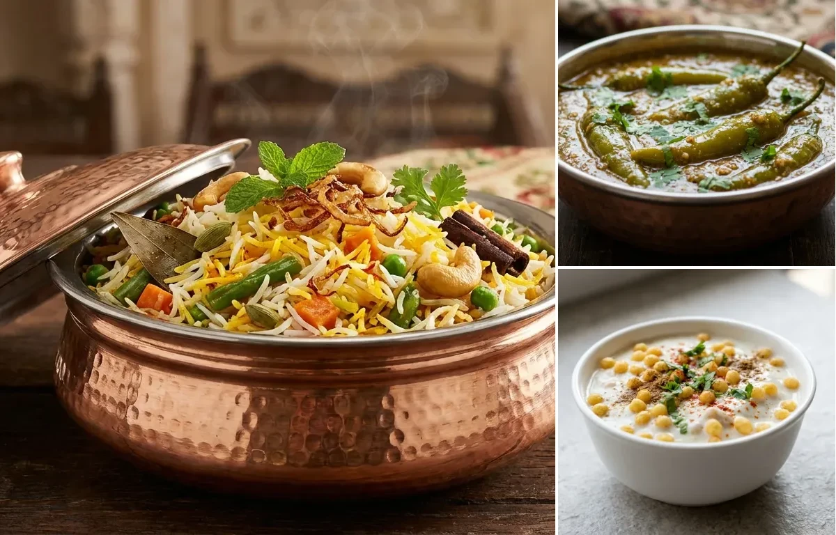 Veg Awadhi Biryani with Mirchi ka Salan and Boondi Raita