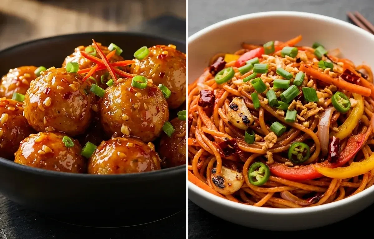 Veg Balls in Hot Garlic Sauce with Chilli Garlic Noodles