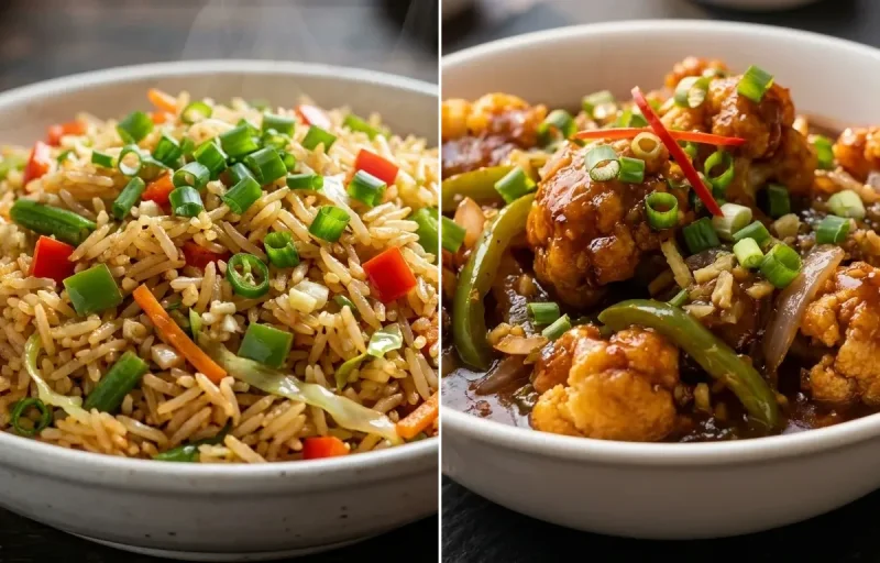 Veg Fried Rice with Gobi Manchurian Gravy