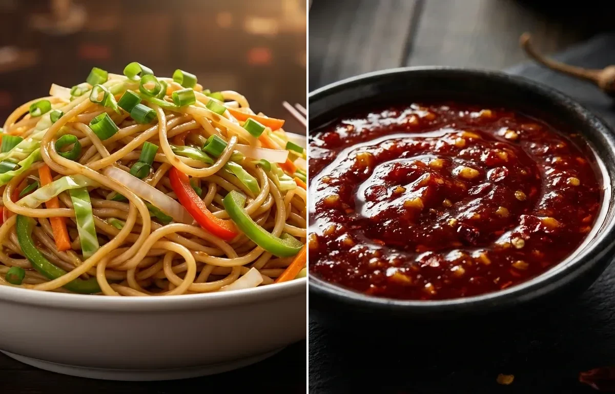 Veg Hakka Noodles with Schezwan Sauce