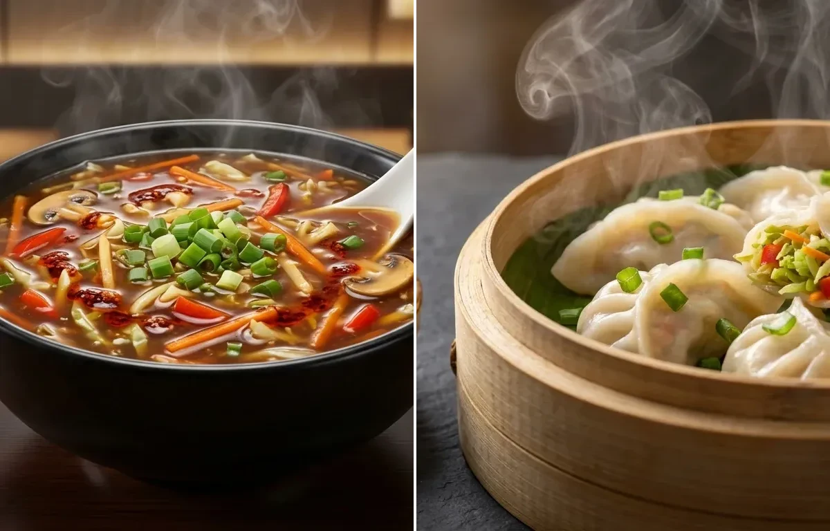 Veg Hot and Sour Soup with Veg Momos