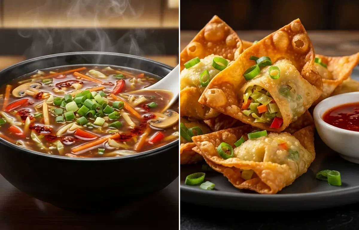 Veg Hot and Sour Soup with Vegetable Fried Wontons