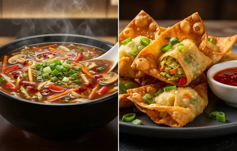 Veg Hot and Sour Soup with Vegetable Fried Wontons