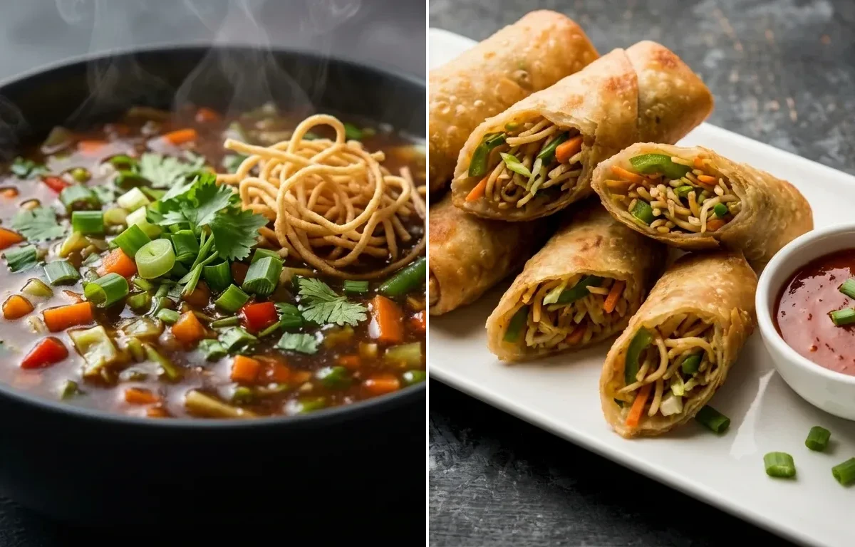 Veg Manchow Soup with Spring Rolls