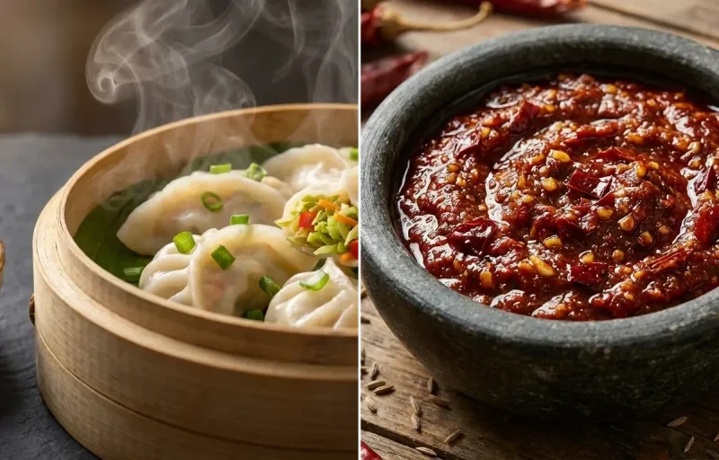 Veg Momos with Red Chili Garlic Chutney