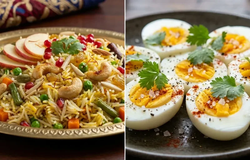 Veg Pulao with Boiled Egg with Papad with Apple