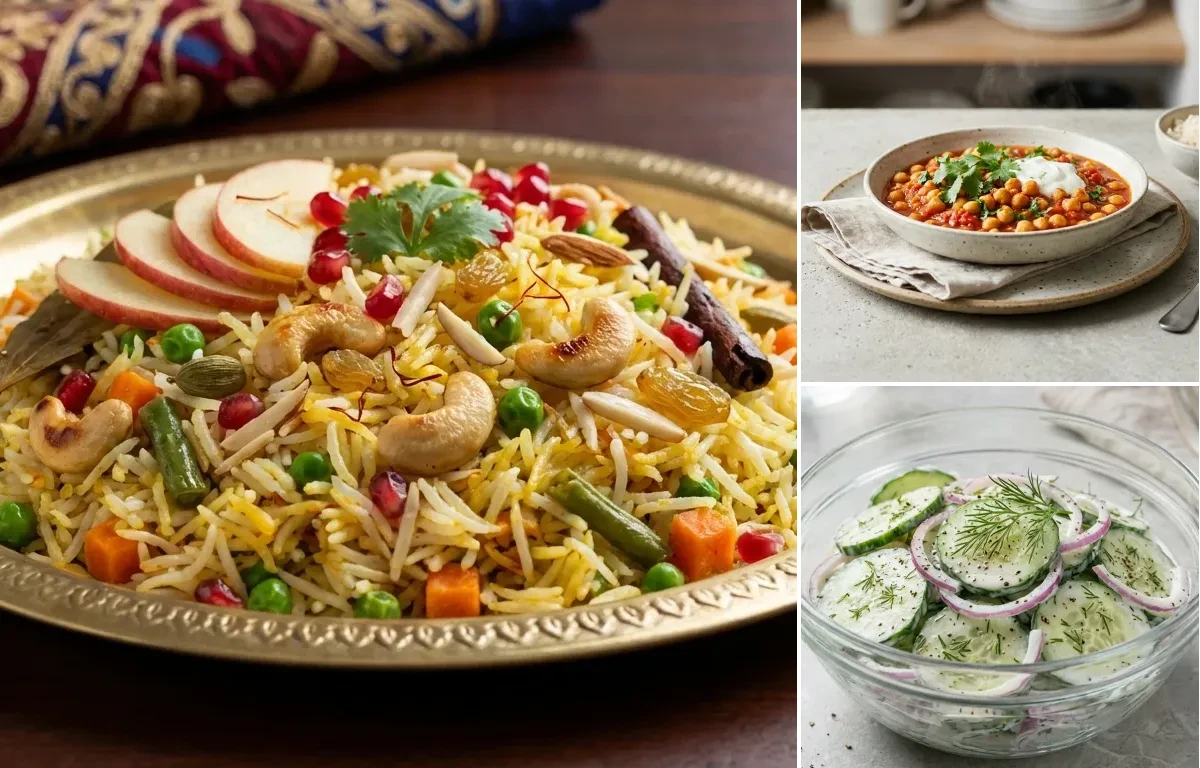 Veg Pulao with Chana Masala with Cucumber Salad