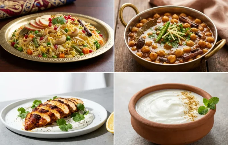 Veg Pulao with Punjabi Chole Masala with Spiced Chicken Slices with Dahi