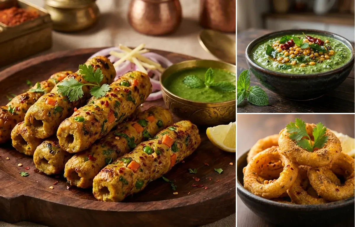 Veg Seekh Kebab with Pudhina Chutney and Indian Onion Rings