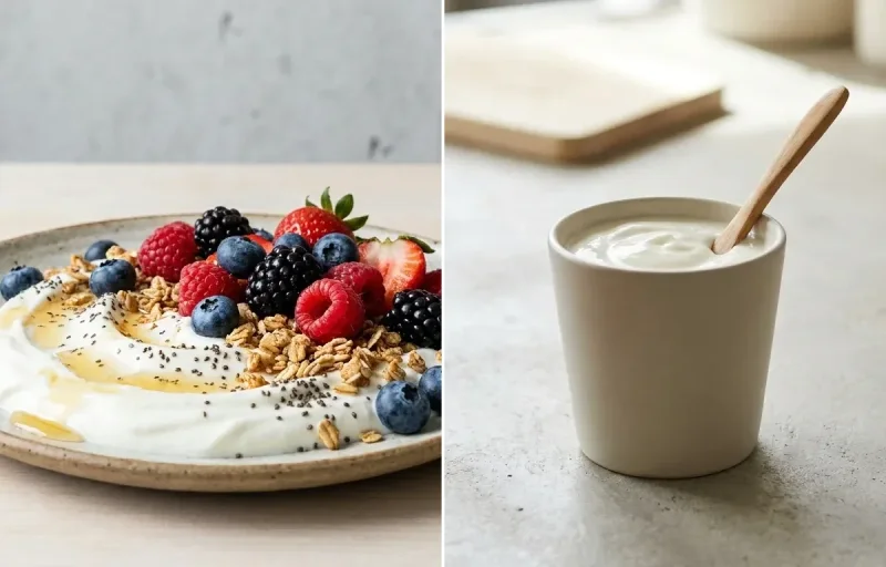 Vegan Bajra Khichdi with Coconut Mint Chutney, Yogurt Berry Bowl and Plain Yogurt Cup