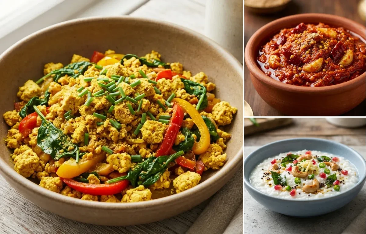 Vegan Bajra Khichdi with Tofu Scramble, Garlic Chutney, Cucumber Chaat and Curd Rice Snack Bowl