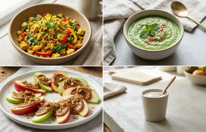 Vegan Bajra Khichdi with Tofu Scramble, Mint Yogurt Chutney, Apple Slices With Almond Butter and Plain Yogurt Cup