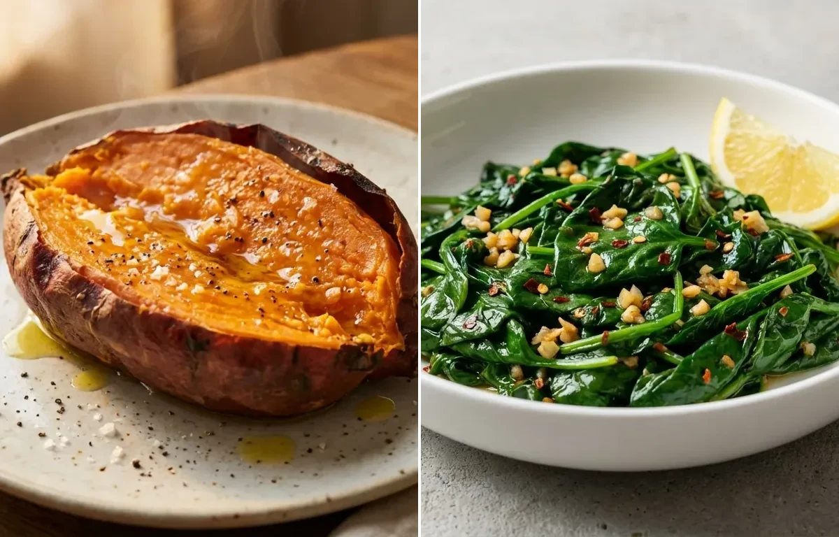 Vegan Bean Burger with Baked Sweet Potato and Sauteed Spinach with Garlic