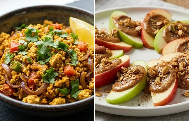 Vegan CKD Rava Upma with Tofu Bhurji, Mint Coriander Chutney No-Salt, Apple Slices With Almond Butter and Plain Yogurt Cup