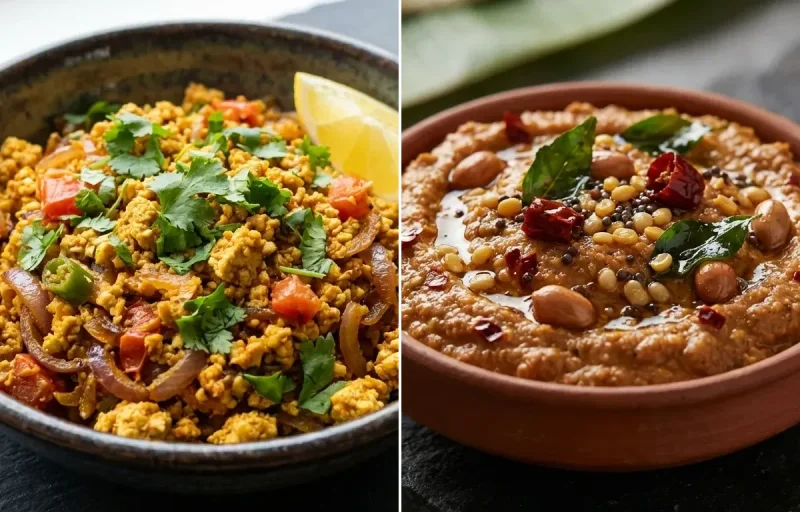 Vegan CKD Rava Upma with Tofu Bhurji, Peanut Chutney, Hard Boiled Egg With Cucumber and Curd Rice Snack Bowl
