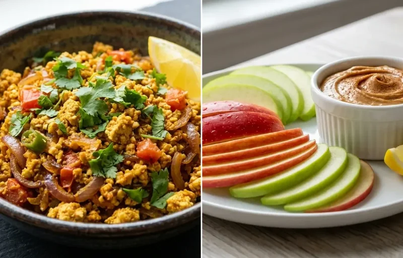 Vegan CKD Rava Upma with Tofu Bhurji, Tomato Onion Chutney, Apple Slices With Peanut Butter and Plain Yogurt Cup
