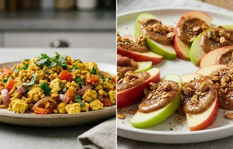 Vegan CKD Rava Upma with Vegan Tofu Bhurji, Coriander Coconut Chutney, Apple Slices With Almond Butter and Plain Yogurt Cup