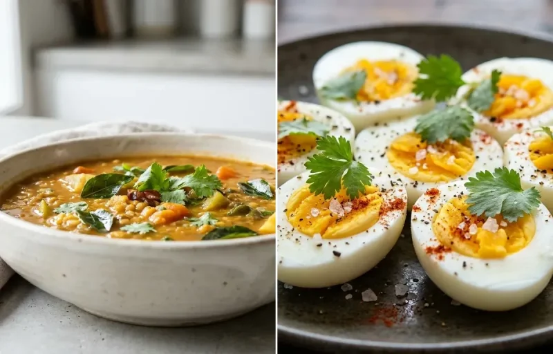 Vegan CKD Rice Idli Plain with Drumstick Sambar, Coconut Mint Chutney and Boiled Egg