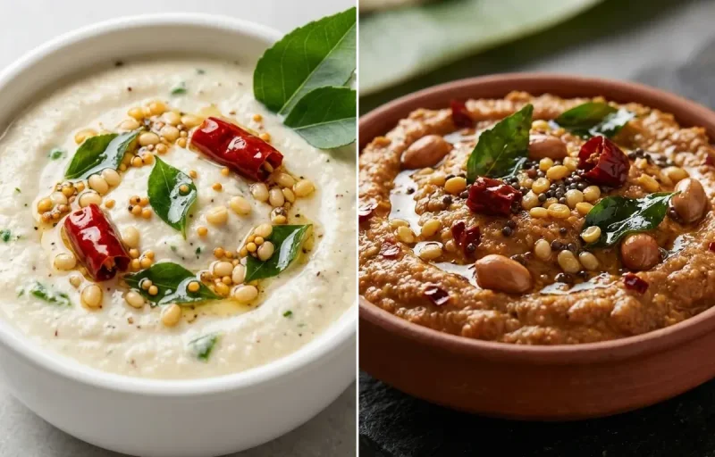 Vegan CKD Rice Idli Plain with Vegan Sambar, Coconut Chutney and Peanut Chutney