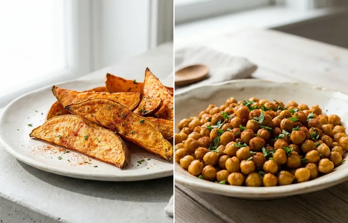 Vegan CKD Seitan Cauliflower Bowl with Vegan Sweet Potato Wedges Baked and Roasted Spiced Chickpeas