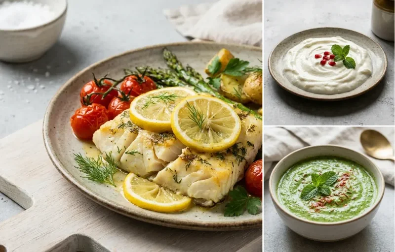Vegan Dal Palak with Plain Paratha, Baked Cod With Lemon, Plain Curd and Mint Yogurt Chutney