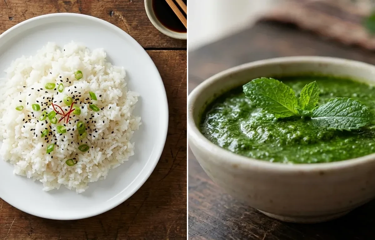 Vegan Dal Palak with Steamed White Rice, Egg Bhurji Main, Cucumber Carrot Sticks With Mint Yogurt Dip and Mint Chutney