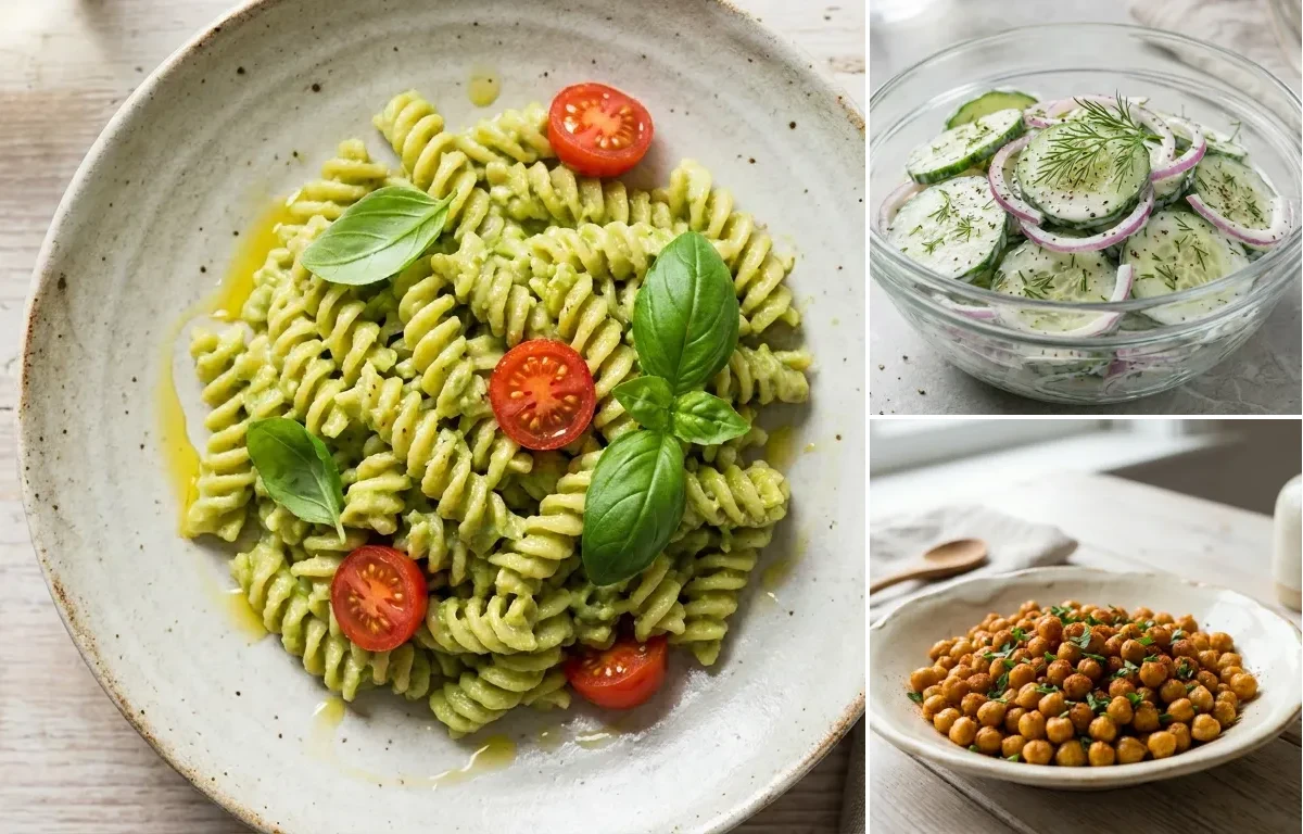 Vegan Gerd Creamy Avocado Pasta with Cucumber Salad and Roasted Spiced Chickpeas