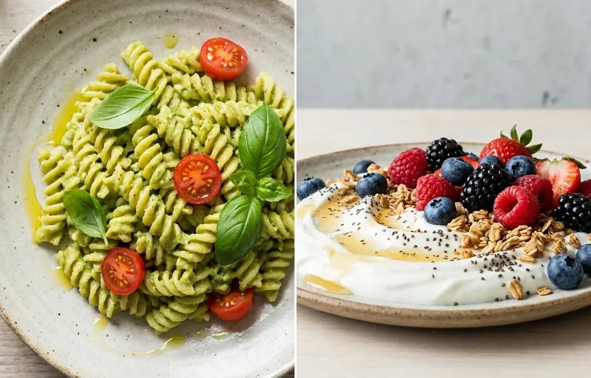 Vegan Gerd Creamy Avocado Pasta with Yogurt Berry Bowl