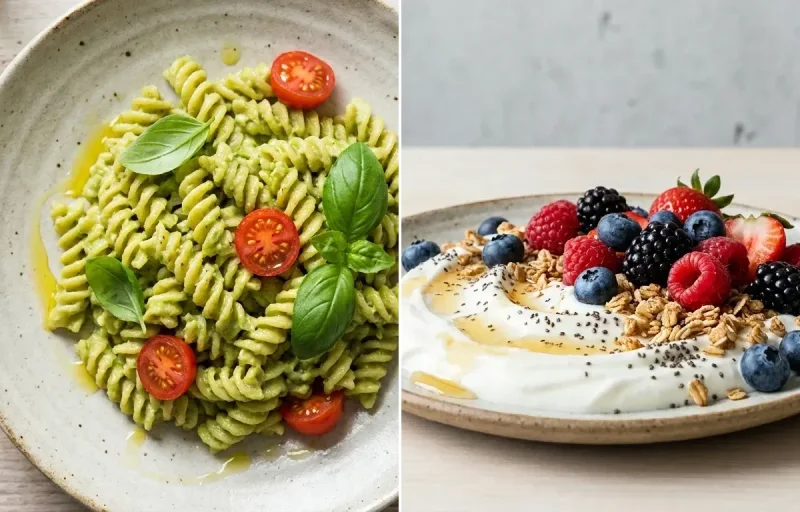 Vegan Gerd Creamy Avocado Pasta with Yogurt Berry Bowl