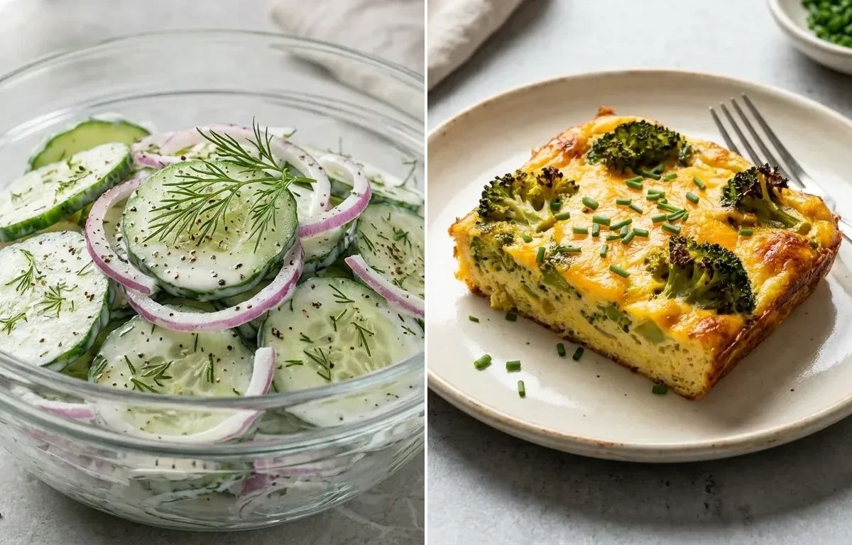 Vegan Gerd Roasted Veg Quinoa with Cucumber Salad and Broccoli Cheddar Egg Bake