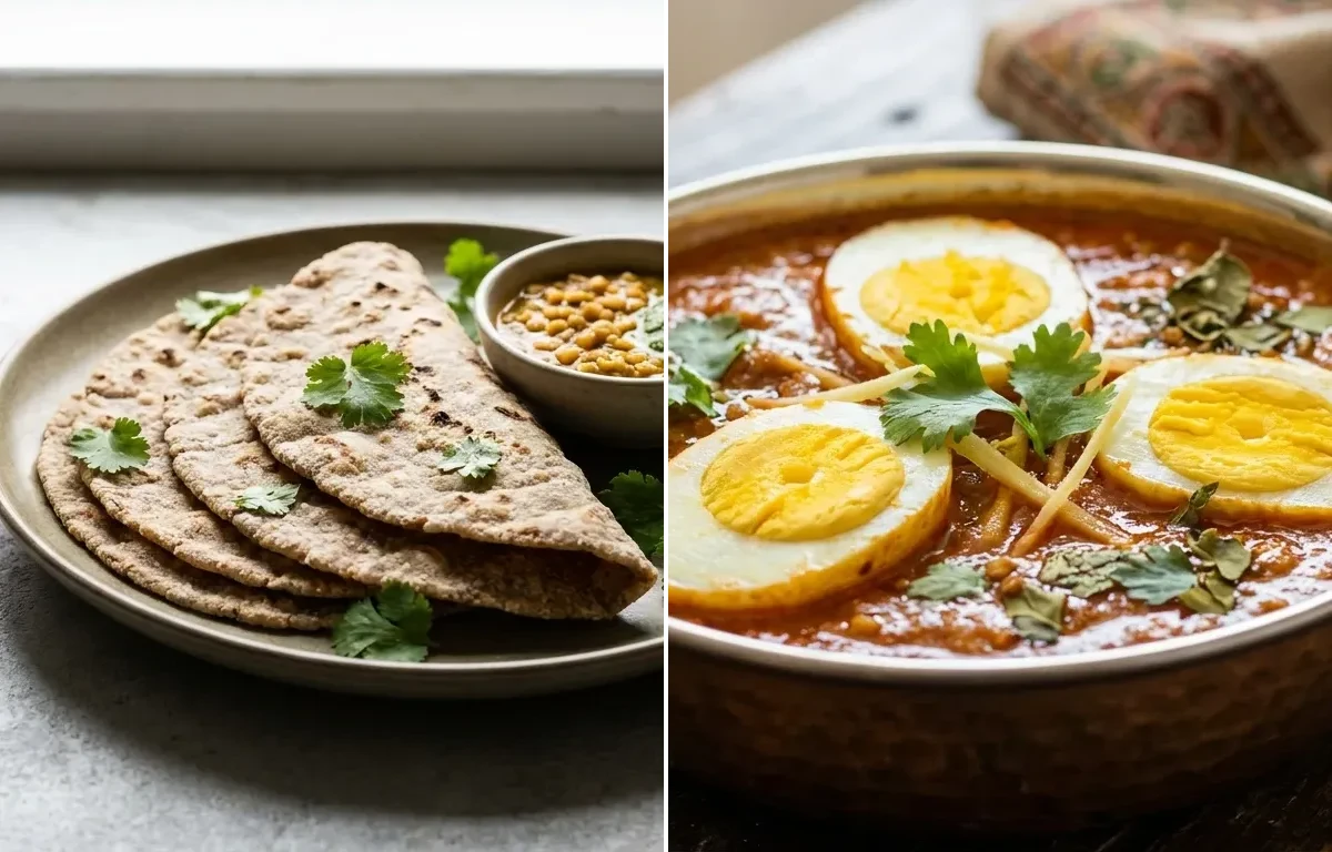 Vegan Jowar Roti with Anda Curry, Urad Dal, Onion Raita and Carrot Cucumber Salad