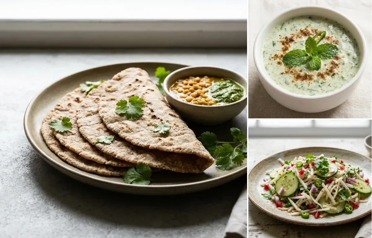 Vegan Jowar Roti with Baked Salmon, Vegan Masoor Dal, Mint Raita and Mooli Cucumber Salad
