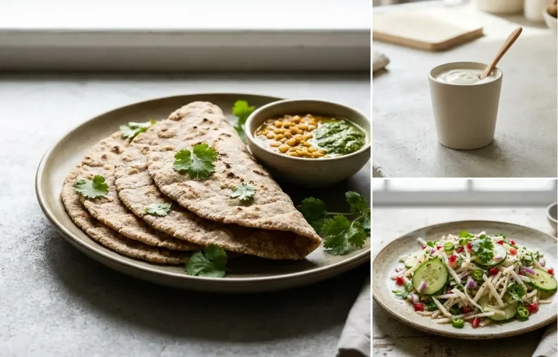 Vegan Jowar Roti with Baked Salmon, Vegan Mixed Dal, Plain Yogurt Cup and Mooli Cucumber Salad
