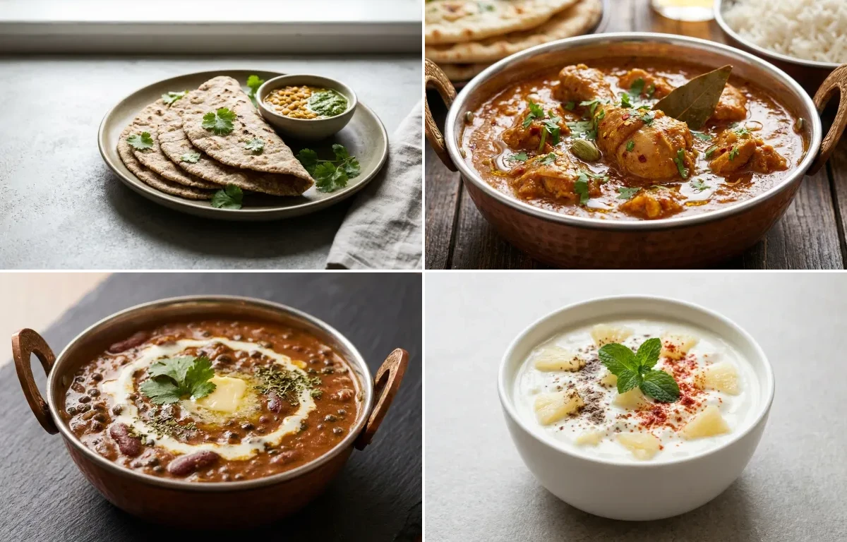 Vegan Jowar Roti with Chicken Curry, Dal Makhani, Pineapple Raita and No-Salt Lemon Cucumber Kachumber