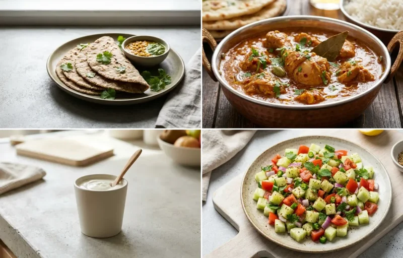 Vegan Jowar Roti with Chicken Curry, Urad Dal, Plain Yogurt Cup and No-Salt Lemon Cucumber Kachumber