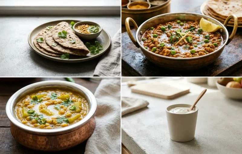 Vegan Jowar Roti with Chicken Keema, Lauki Chana Dal, Plain Yogurt Cup and No-Salt Lemon Cucumber Kachumber