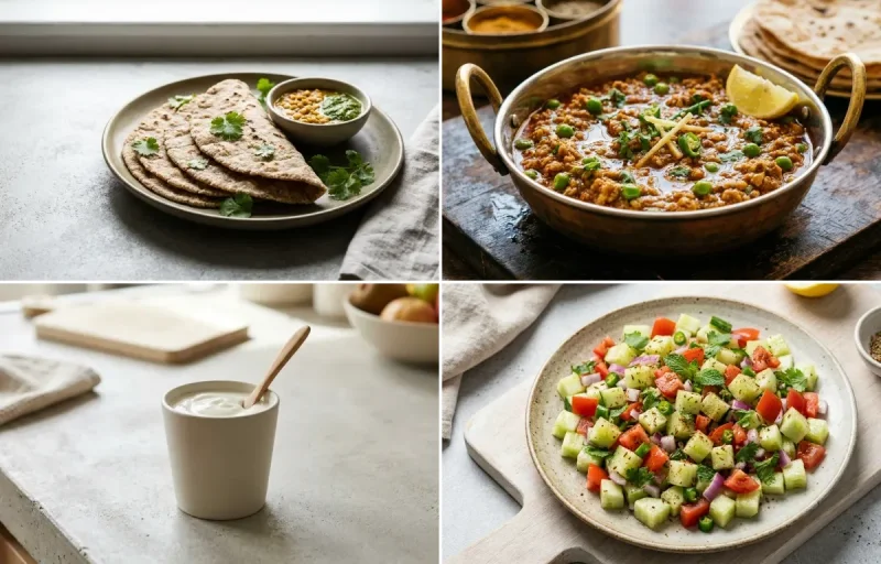 Vegan Jowar Roti with Chicken Keema, Vegan Chana Dal, Plain Yogurt Cup and No-Salt Lemon Cucumber Kachumber