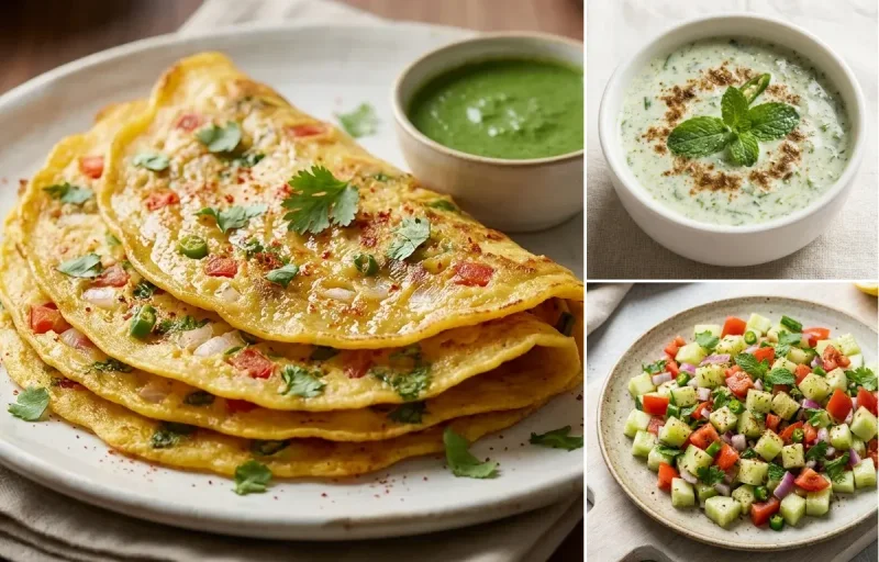 Vegan Jowar Roti with Chicken Quinoa Tikka Bowl, Moong Dal Chilla, Mint Raita and No-Salt Lemon Cucumber Kachumber