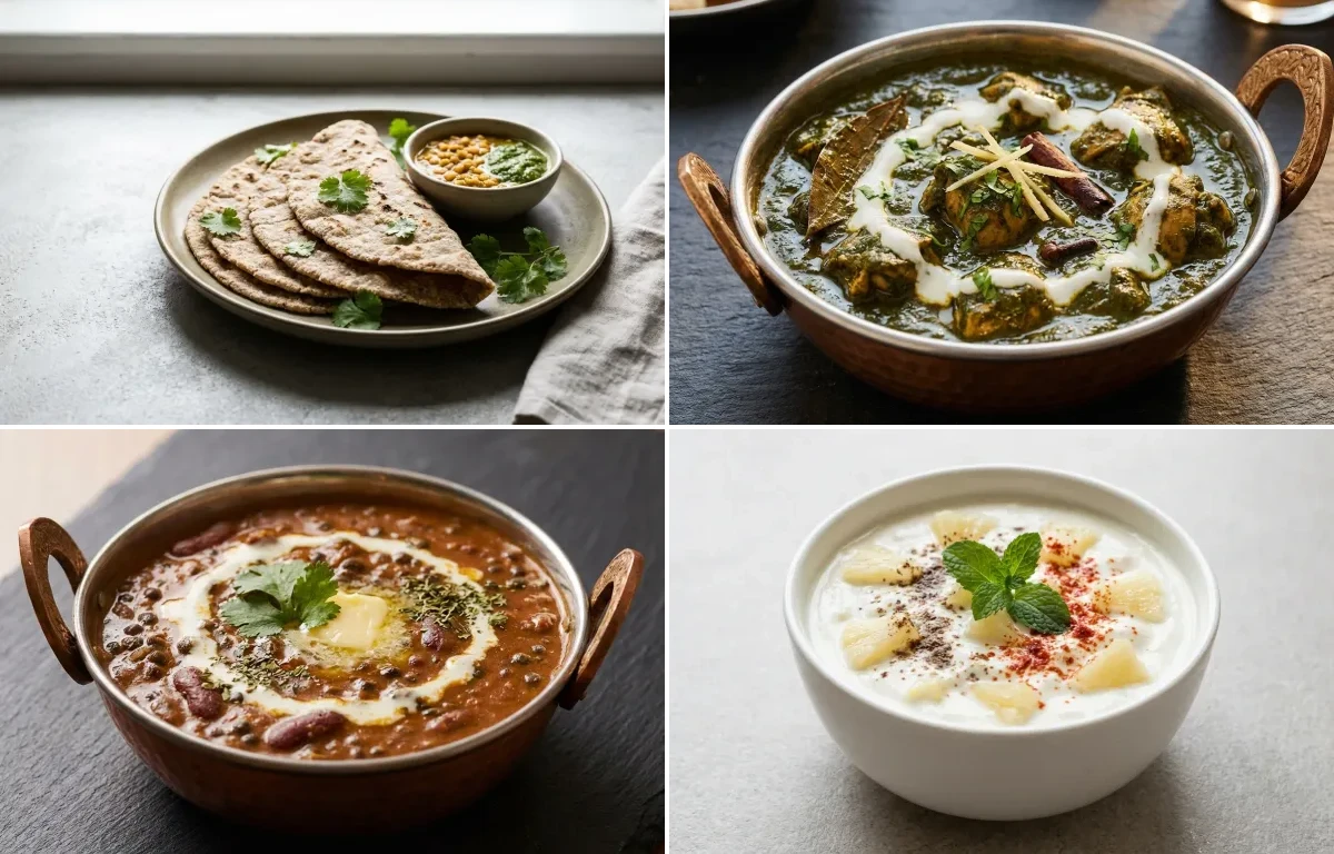 Vegan Jowar Roti with Chicken Saag, Dal Makhani, Pineapple Raita and Carrot Cucumber Salad