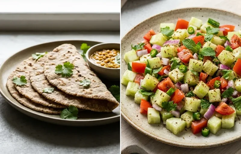 Vegan Jowar Roti with Chicken Saute With Vegetables, Toor Dal Tadka, Plain Yogurt Cup and No-Salt Lemon Cucumber Kachumber