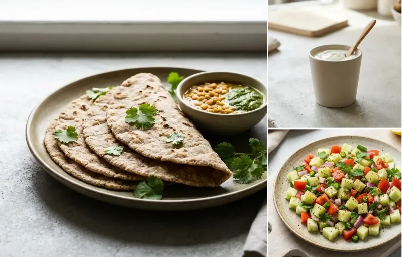 Vegan Jowar Roti with Chicken Saute With Vegetables, Vegan Dal Palak, Plain Yogurt Cup and No-Salt Lemon Cucumber Kachumber