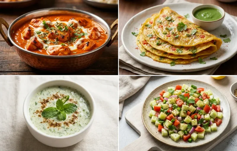 Vegan Jowar Roti with Chicken Tikka Masala, Moong Dal Chilla, Mint Raita and No-Salt Lemon Cucumber Kachumber