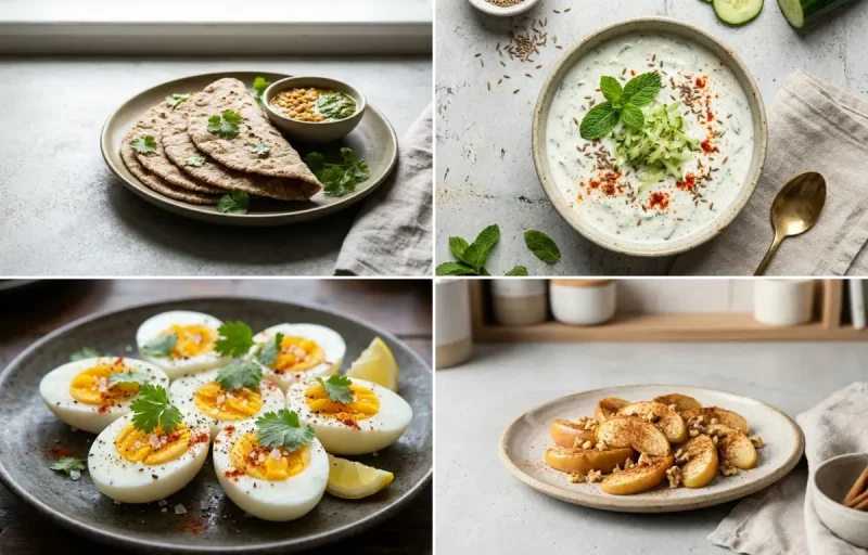 Vegan Jowar Roti with Cucumber Mint Raita, Boiled Egg, Apple With Cinnamon and Mint Coriander Chutney No-Salt