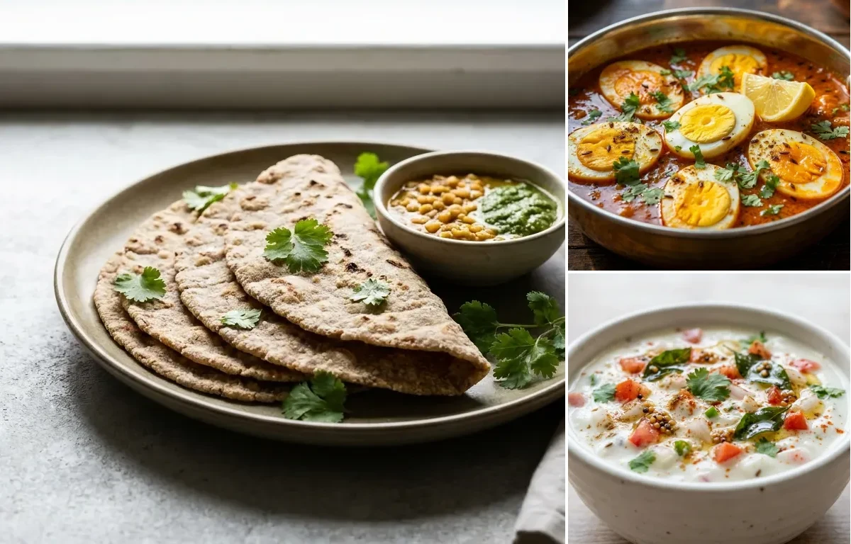 Vegan Jowar Roti with Egg Curry, Urad Dal, Onion Tomato Raita and Carrot Cucumber Salad